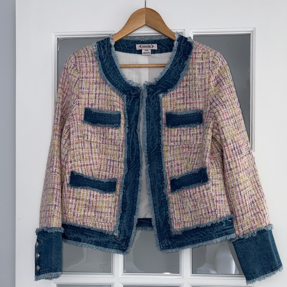 NWT Women's Spring Pastel Multicolor Tweed and Denim Jacket